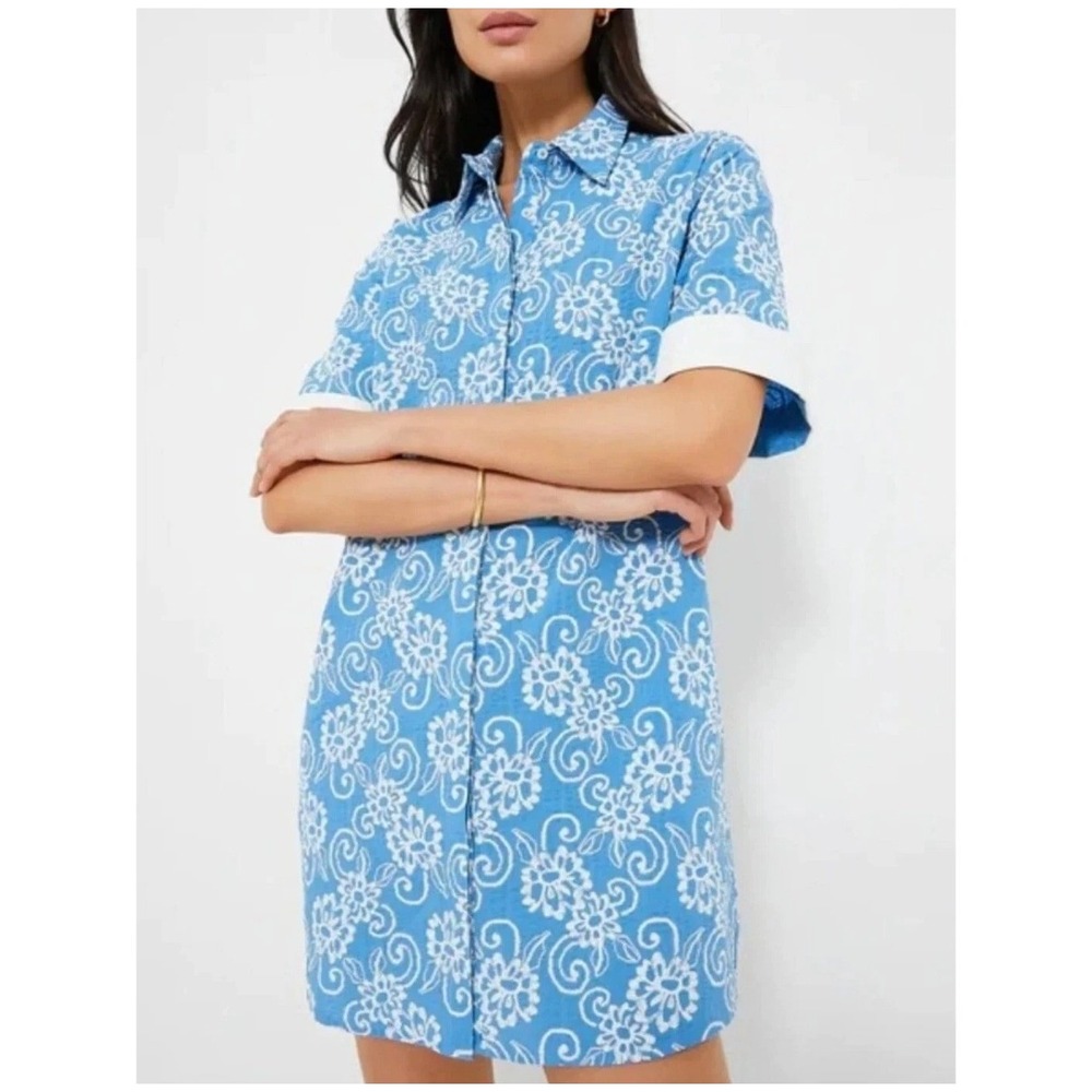 Pomander Place Tuckernuck Blue Embroidered Cotton Shirt Dress Pockets XS